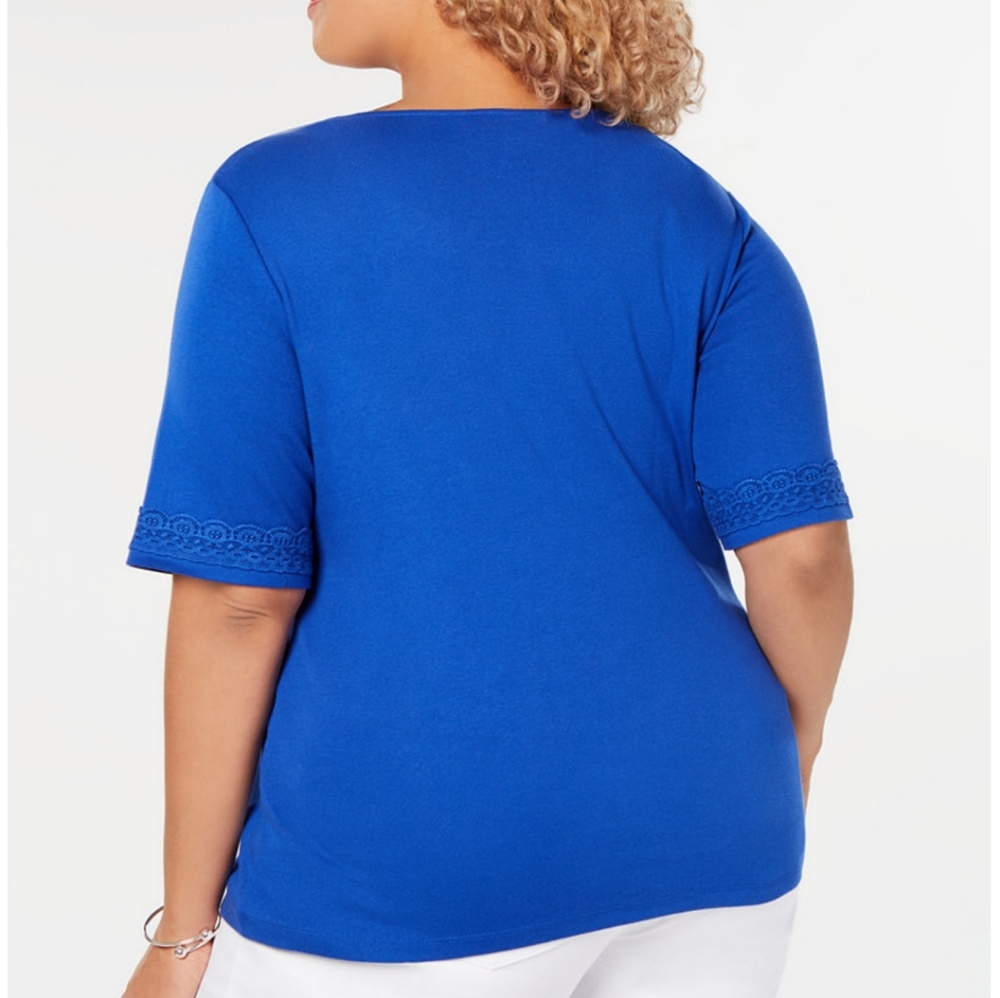 New Karen Scott Plus Blue Cotton Lace-Trim T-Shirt - Picture 2 of 4